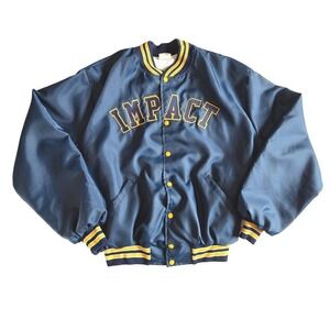 Vtg 80s Howe Athletic IMPACT Satin Varsity Jacket Navy Yellow XL‎ Fleece Lined